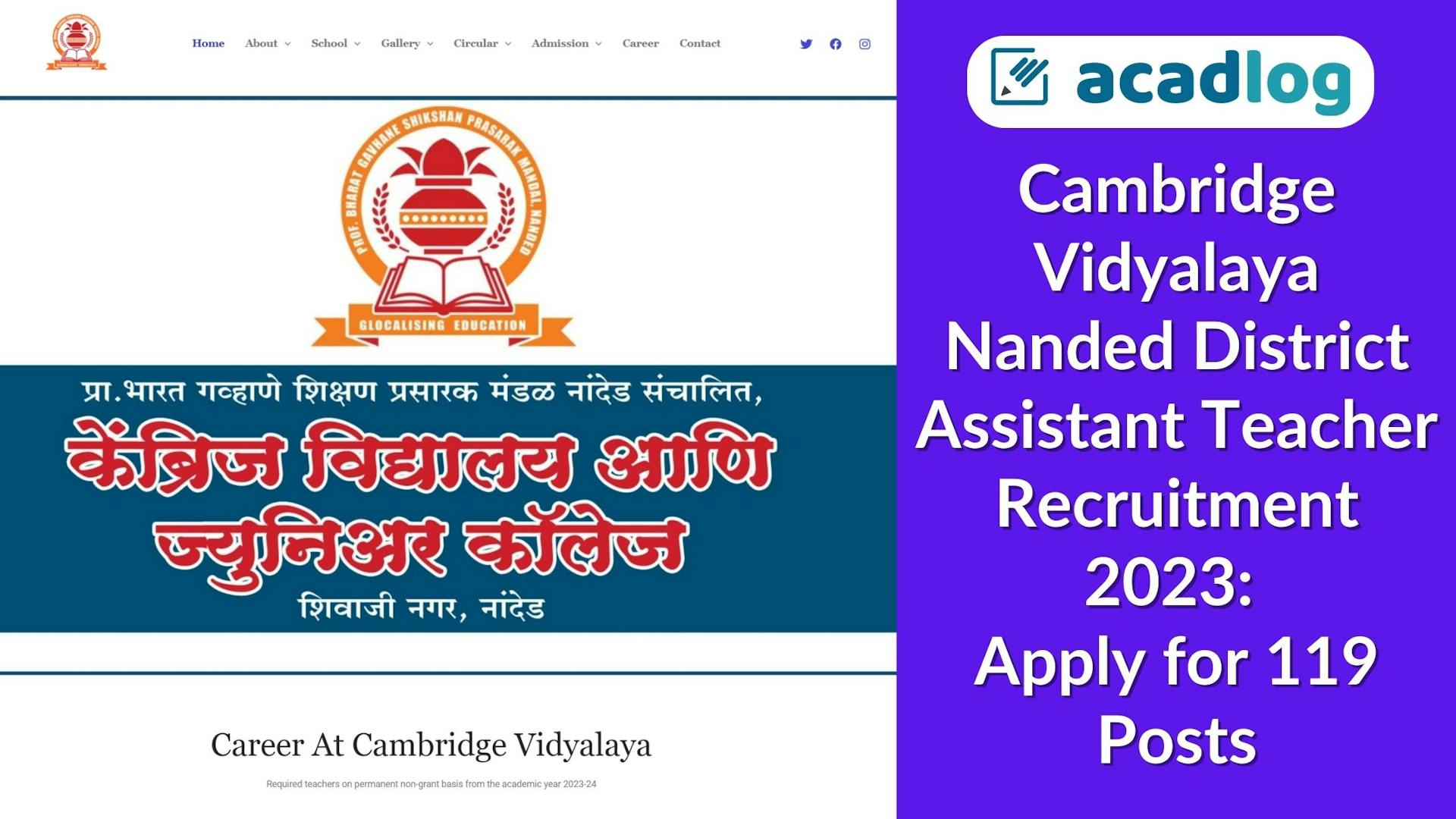 Cambridge Vidyalaya Nanded Assistant Teacher Recruitment 2023: Apply for 119 Posts