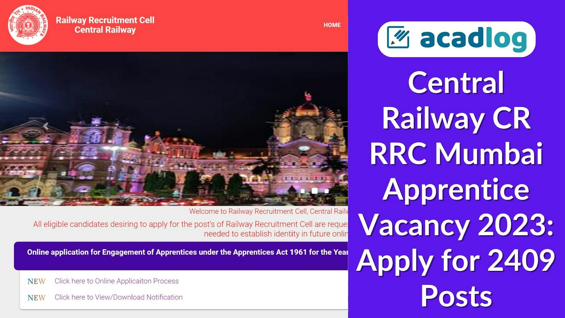 Acadlog: Central Railway RRC CR Mumbai Apprentices 2023 Apply Online for 2409 Post