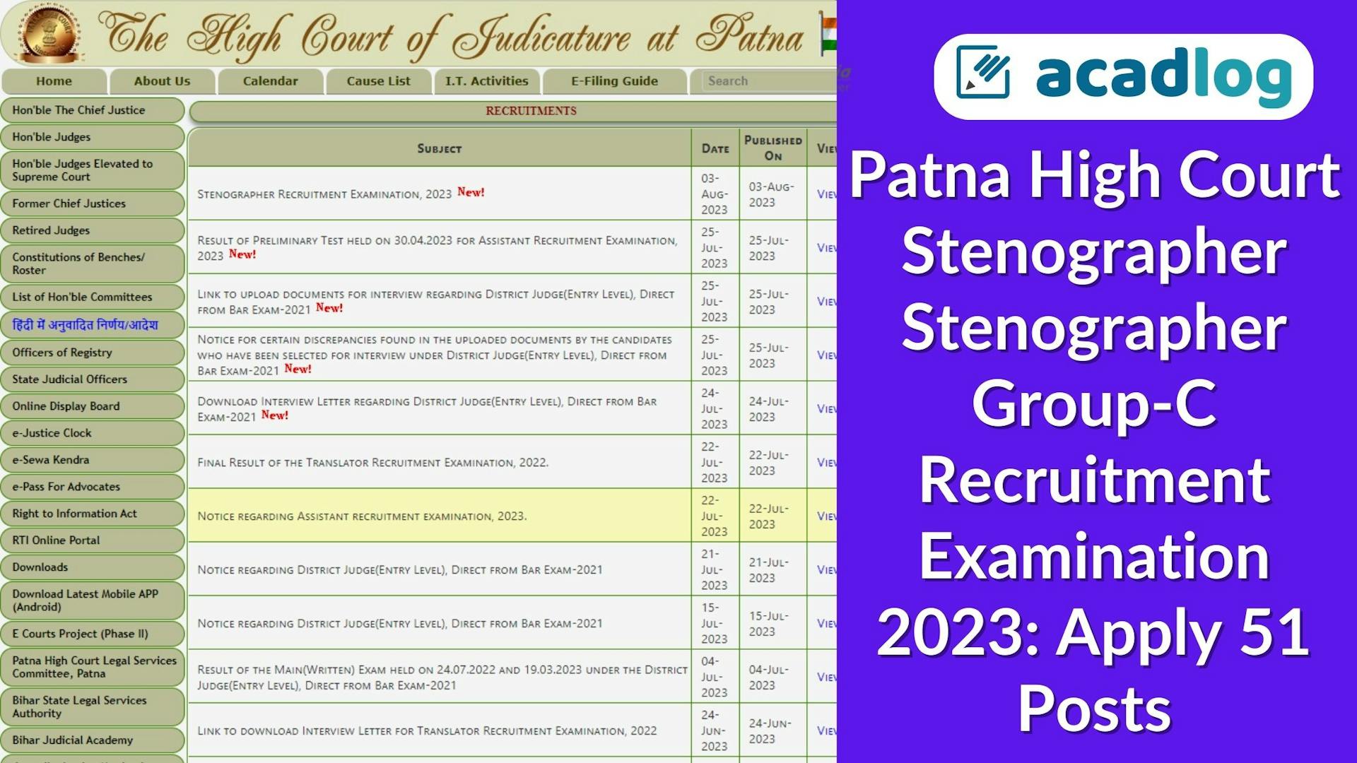 Patna High Court Stenographer Stenographer Group-C Recruitment Examination 2023: Apply 51 Posts
