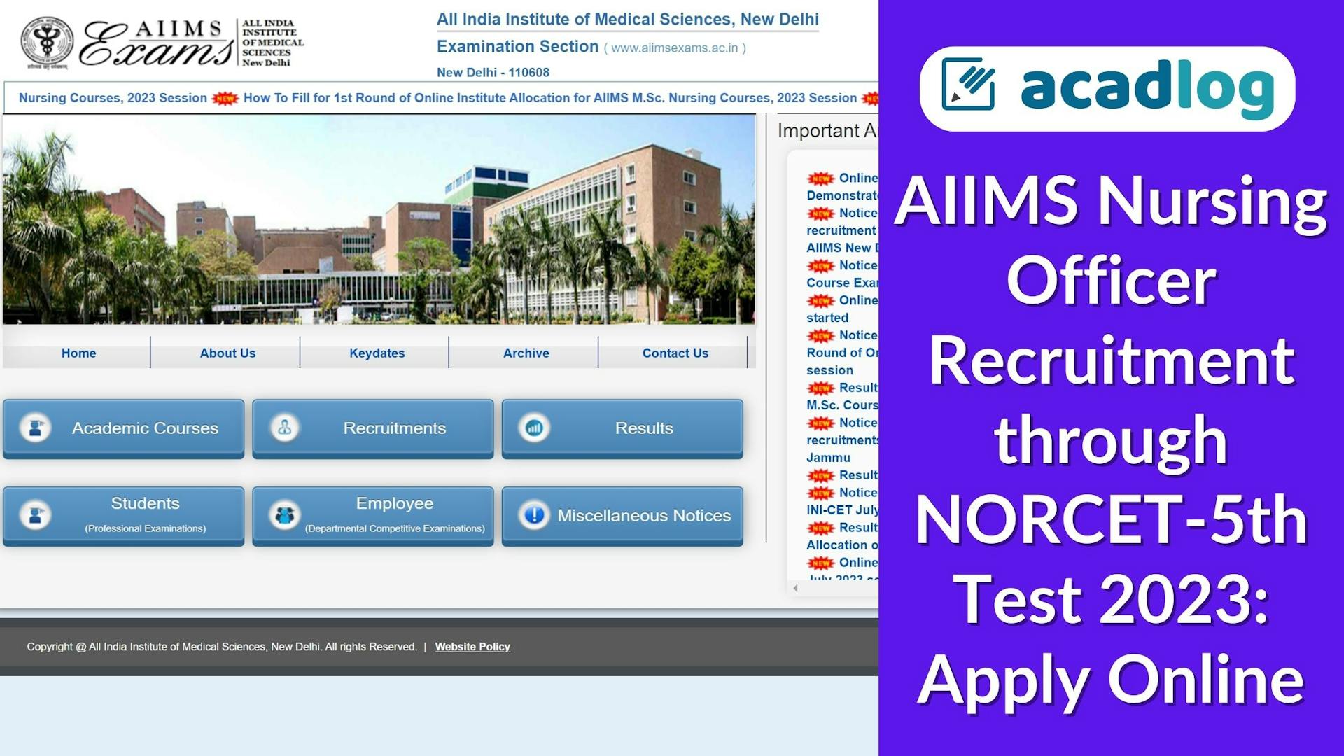 AIIMS Nursing Officer Recruitment through NORCET 5th Test 2023: Apply Online