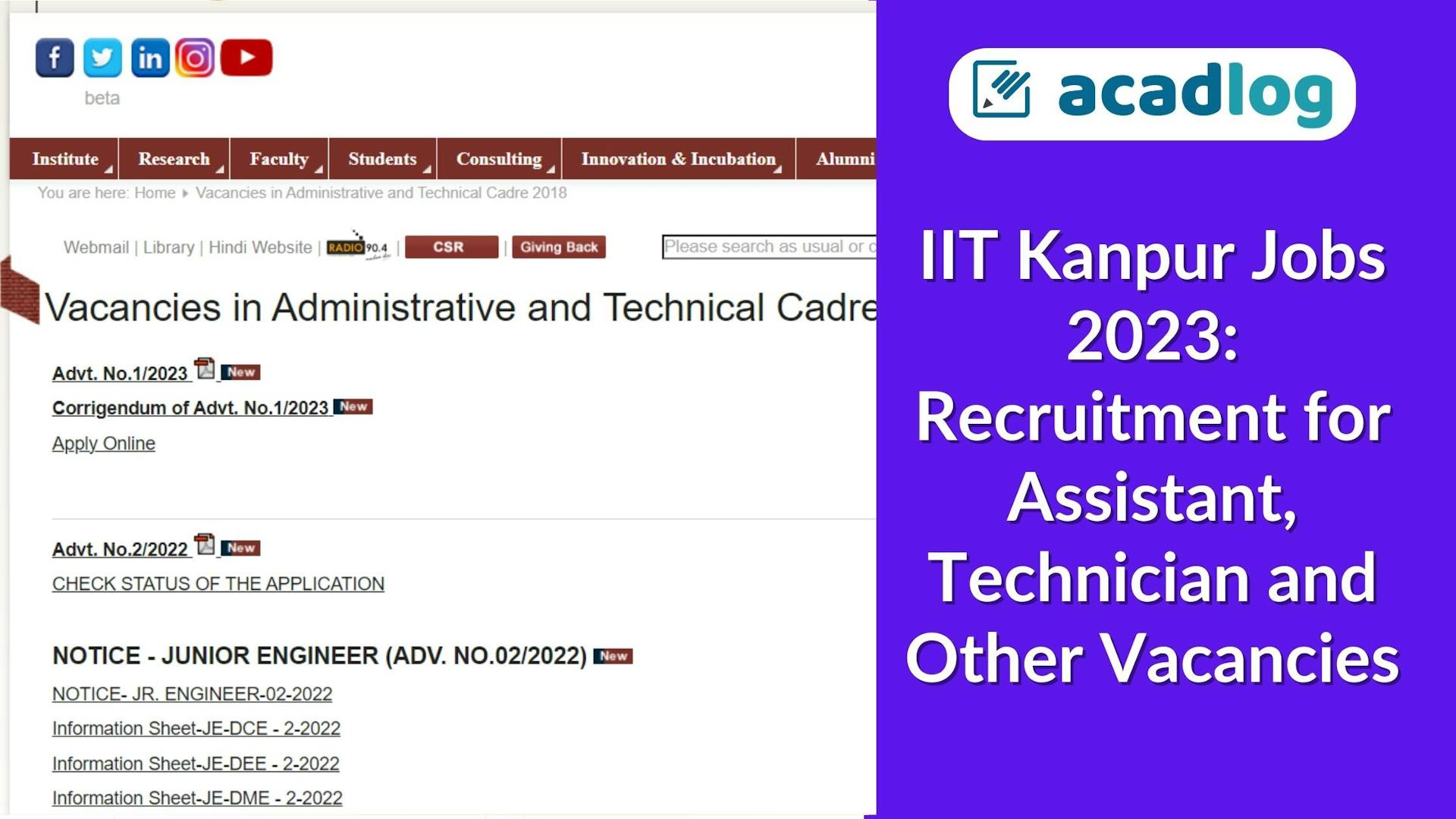 IIT Kanpur Jobs 2023: Recruitment for Assistant, Technician and Other Vacancies