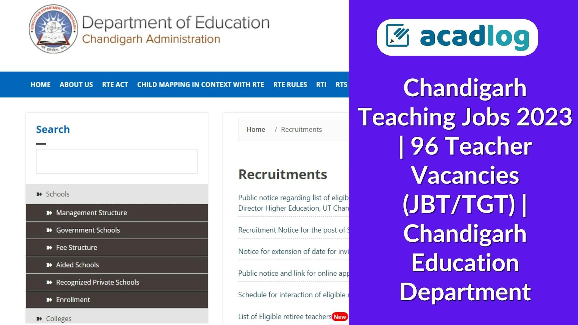 Chandigarh Teaching Jobs 2023 | 96 Teacher Vacancies (JBT/TGT) | Chandigarh Education Dept.