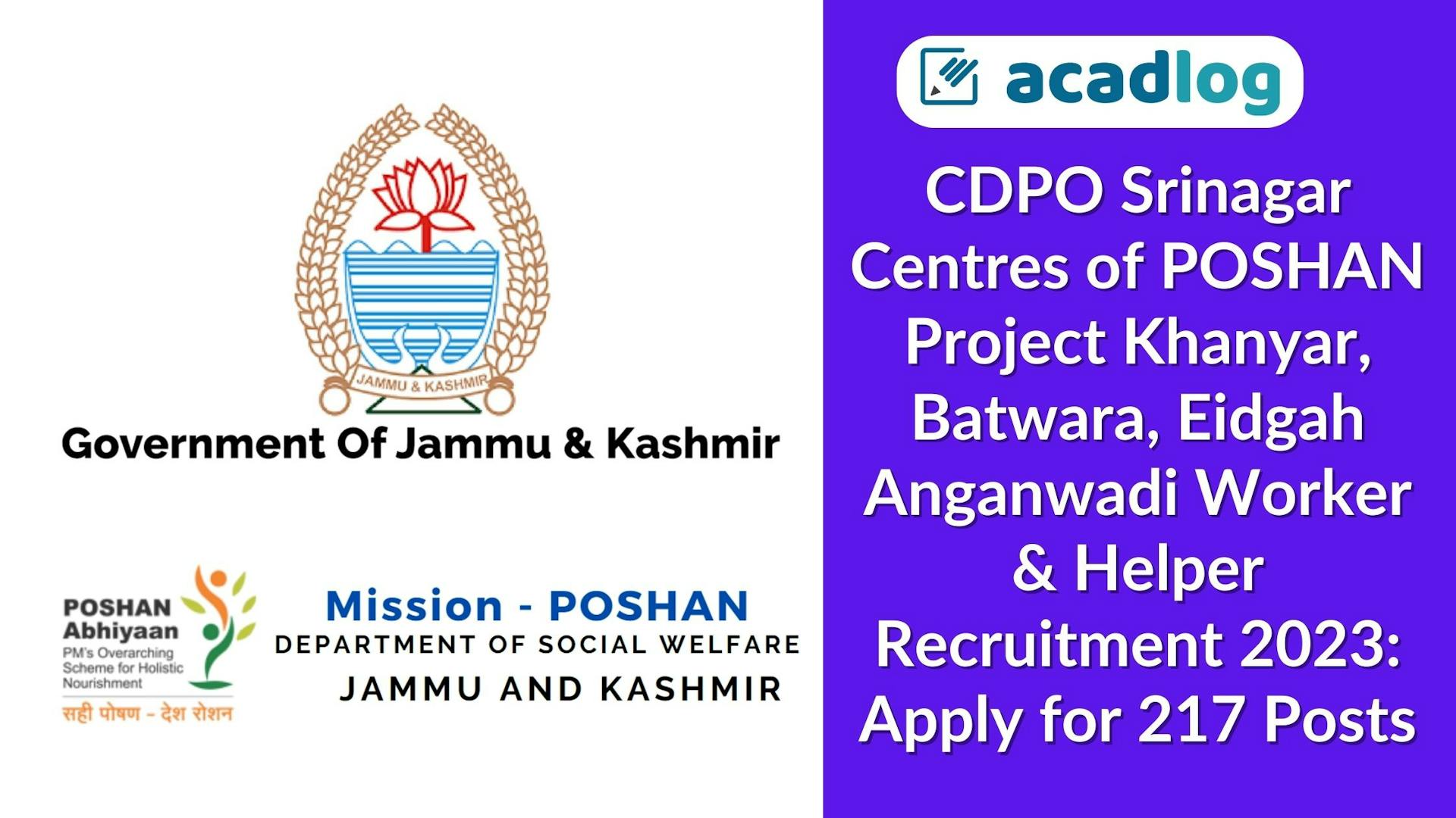 CDPO Srinagar Anganwadi Worker & Helper Recruitment 2023: Apply for 217 Posts