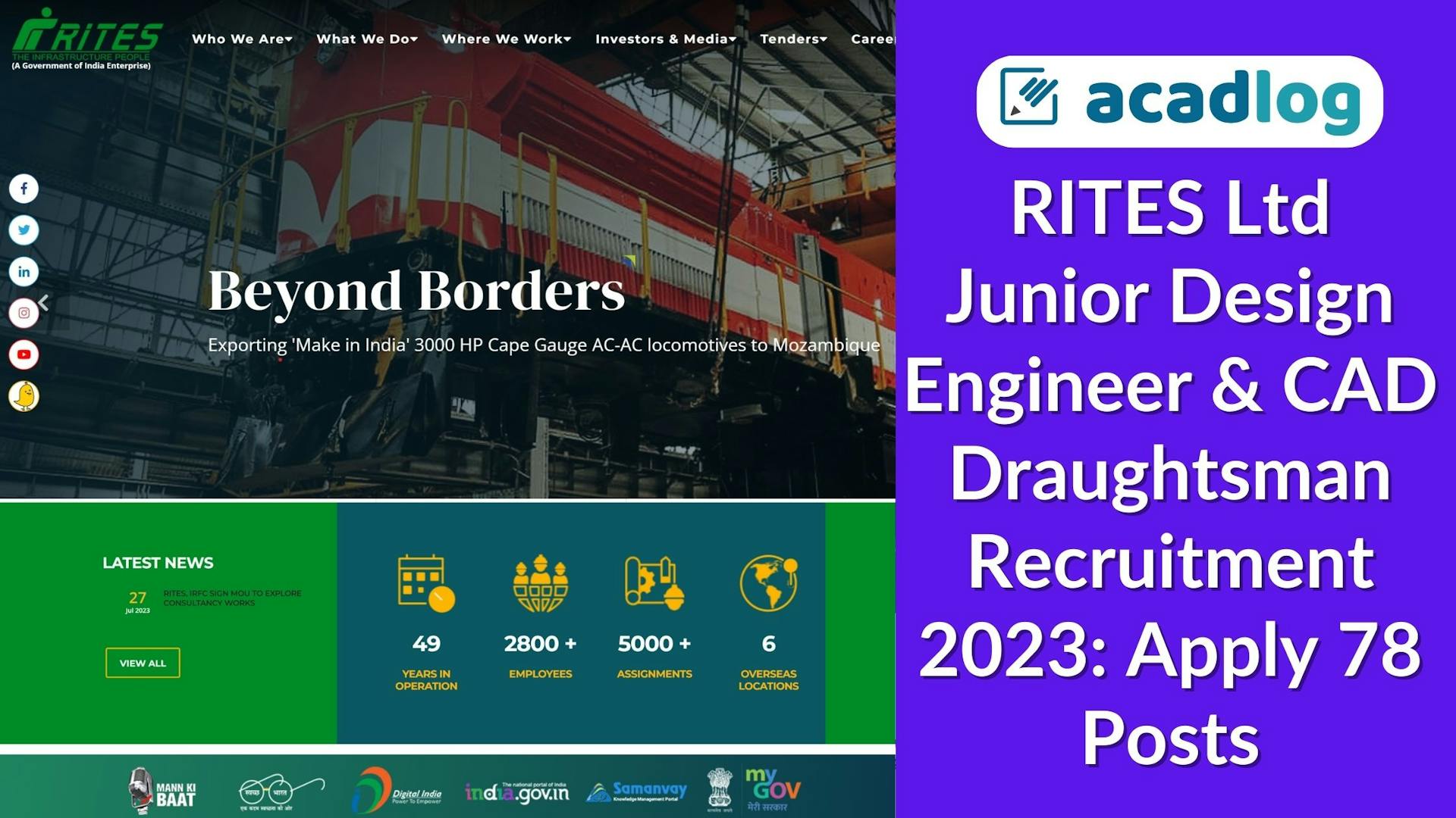RITES Ltd Junior Design Engineer & CAD Draughtsman Recruitment 2023: Apply 78 Posts